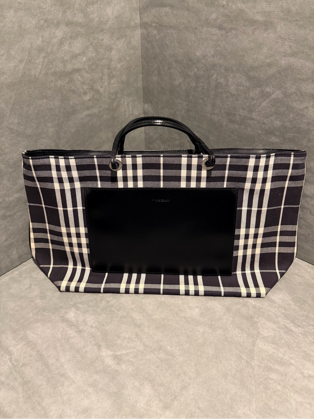 Burberry Plaid Canvas Tote with Black Leather Pocket Made in Italy